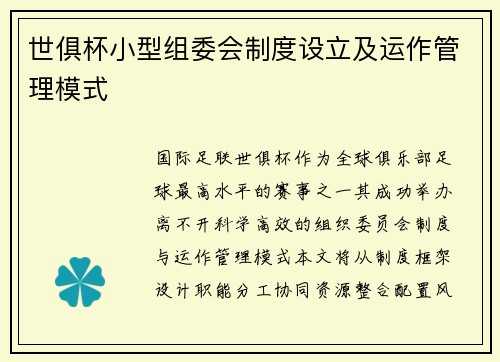 世俱杯小型组委会制度设立及运作管理模式